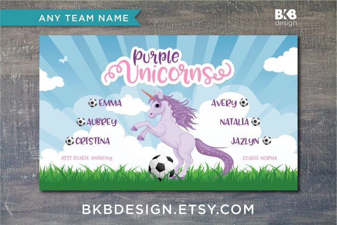 Vinyl Soccer Team Banner, Purple Unicorns